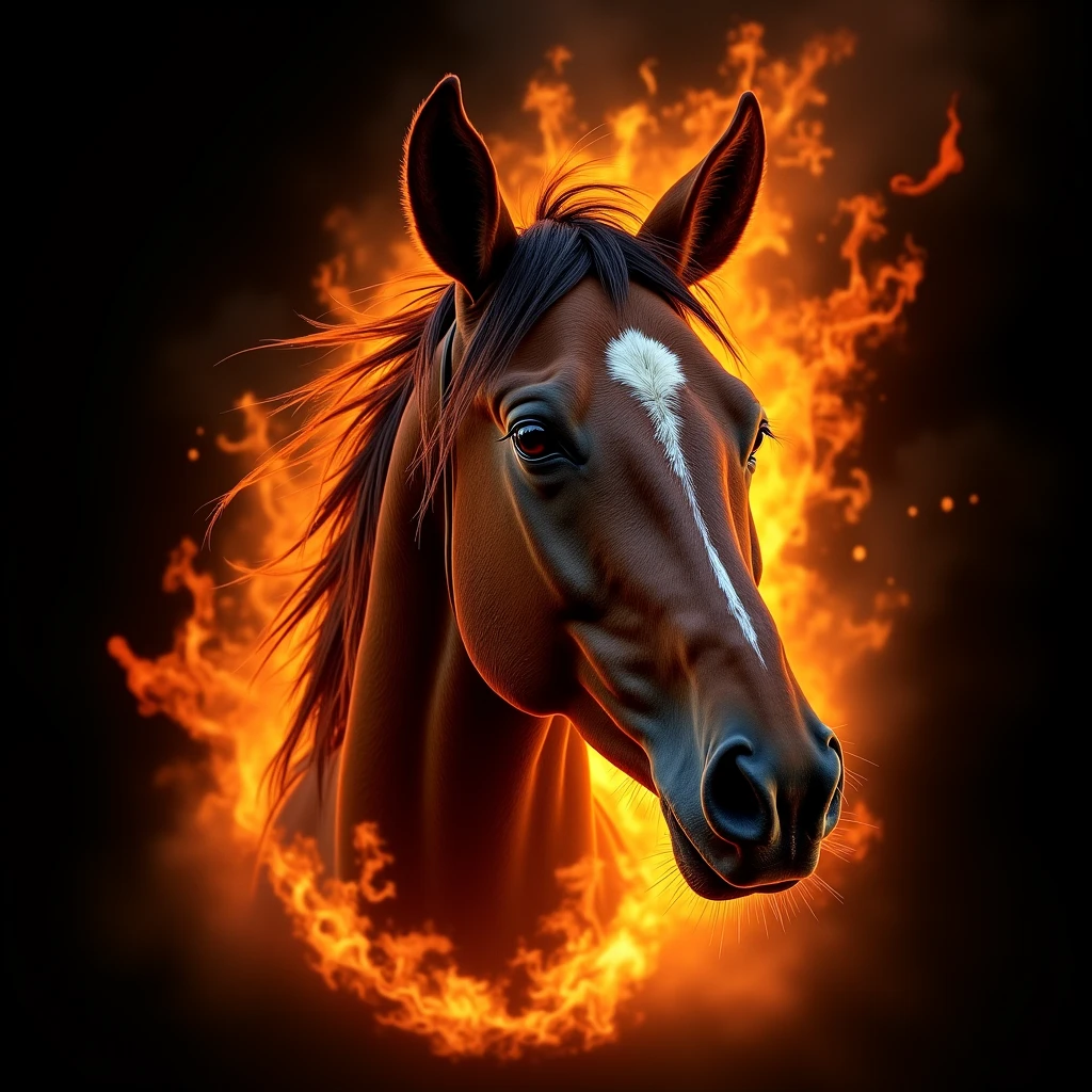 real horse face designed from bright fire flame black background 