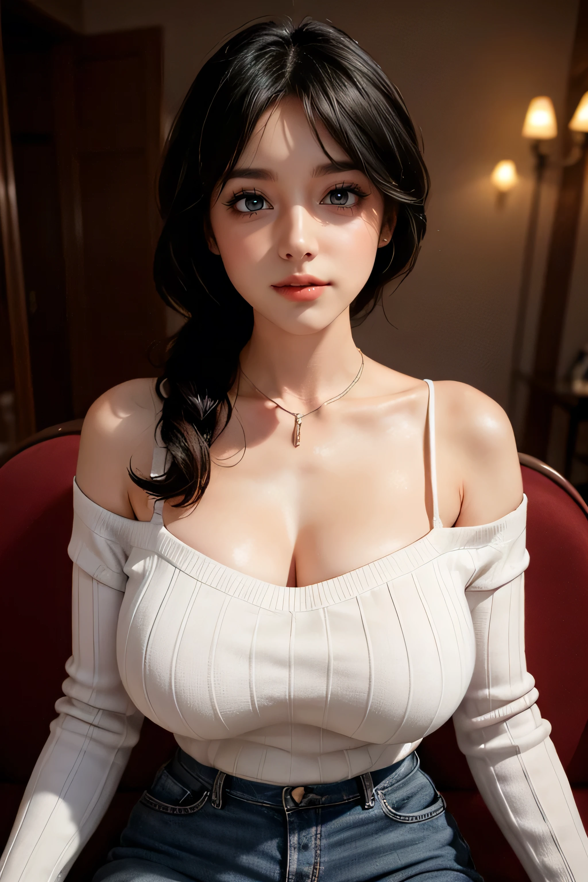 (best quality, ultra-detailed, photorealistic: 1.39), Face of naughty 35 year old teenager, Girl in love with huge breasts, bright and vibrant colors, studio lighting, beautiful detailed red off-shoulder sweater:1.2 , sensual white mini skirt, elegant makeup,lips bright, sexy pose, beautiful roses, smiling confidently and seductively, posing for a professional photo shoot, shallow depth of field, soft natural lighting, creating a dreamy and magical atmosphere. In the clothing store, beautiful store
