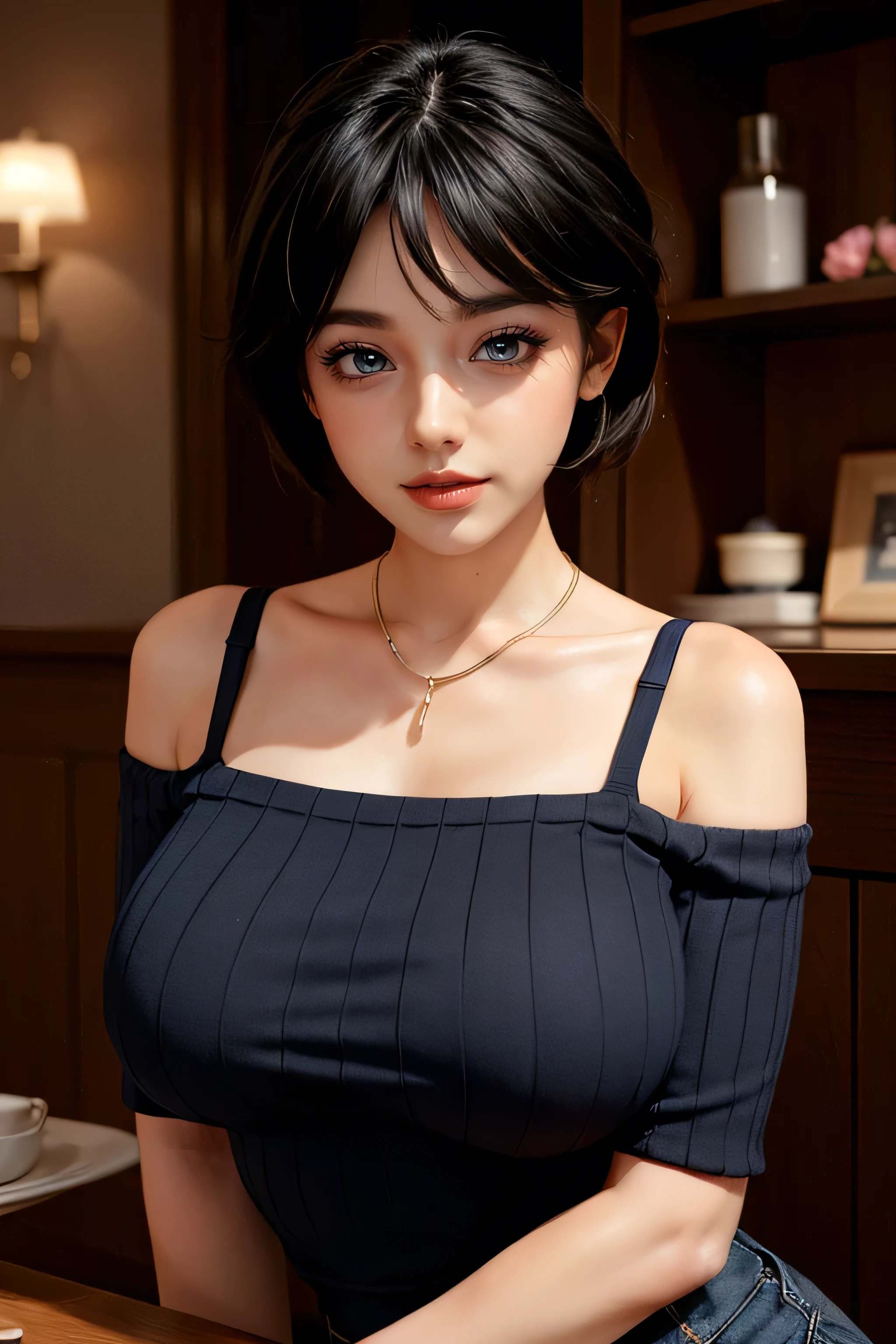 (best quality, ultra-detailed, photorealistic: 1.39), Face of naughty 35 year old teenager, Girl in love with huge breasts, bright and vibrant colors, studio lighting, beautiful detailed red off-shoulder sweater:1.2 , sensual white mini skirt, elegant makeup,lips bright, sexy pose, beautiful roses, smiling confidently and seductively, posing for a professional photo shoot, shallow depth of field, soft natural lighting, creating a dreamy and magical atmosphere. In the clothing store, beautiful store
