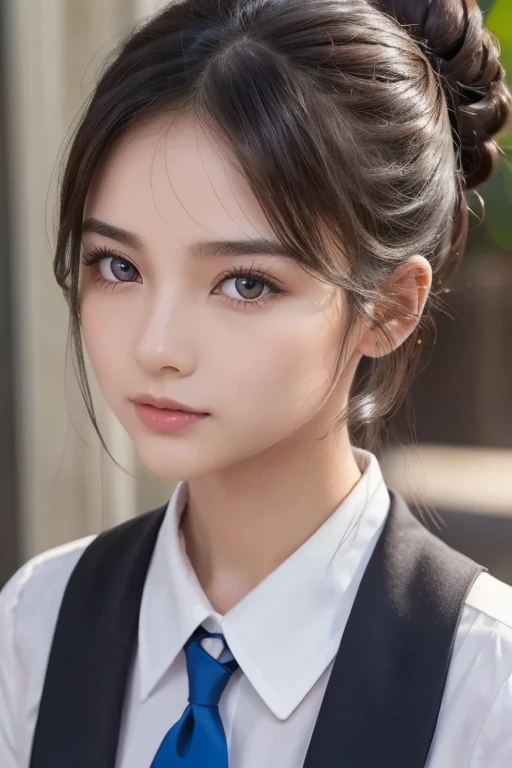   Brownish Black Hair  ,  dark eyes,  white skin,  face like a goose egg , atmospheric facial features ,  tall , Confident、Powerful,  toned and plump,  high school girl,  school uniform, Curly Hair, Hair Bun, With hairpin, Red Rose, Blue Butterfly, White Rabbit,  sign, Official Quality,  mysterious in another dimension, Light and Dark,  correct ratio, aesthetics,  vibe,