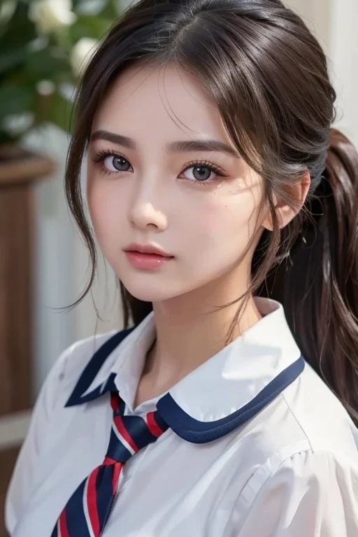   Brownish Black Hair  ,  dark eyes,  white skin,  face like a goose egg , atmospheric facial features ,  tall , Confident、Powerful,  toned and plump,  high school girl,  school uniform, Curly Hair, Hair Bun, With hairpin, Red Rose, Blue Butterfly, White Rabbit,  sign, Official Quality,  mysterious in another dimension, Light and Dark,  correct ratio, aesthetics,  vibe,