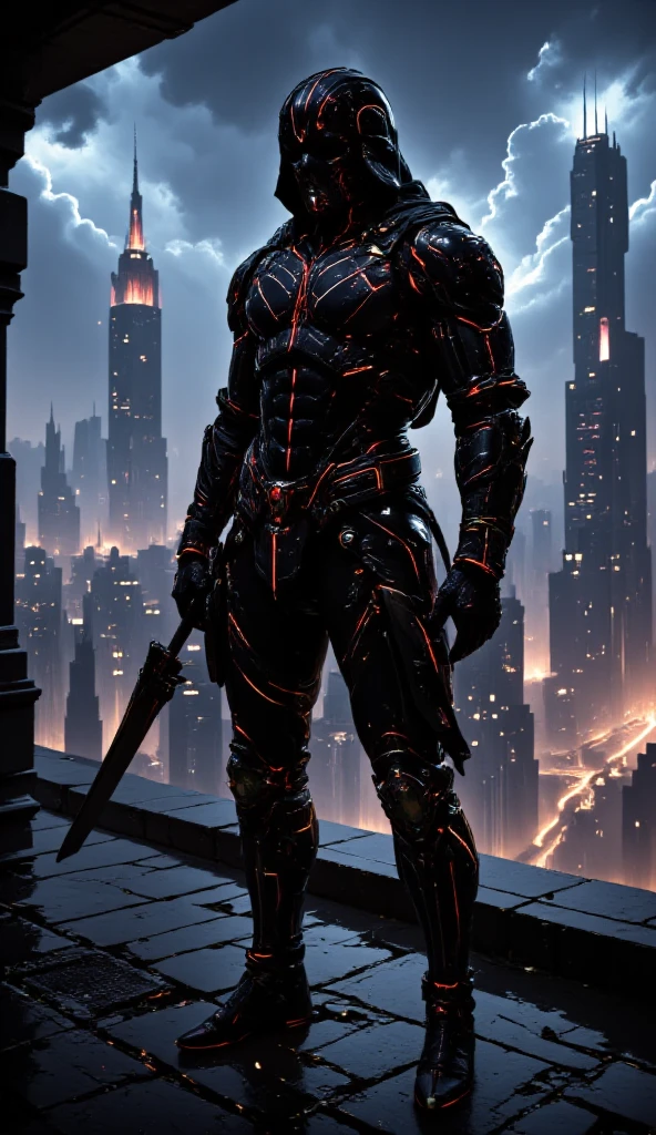 A black leather full-body image 、and a hood, Close-up of a hooded person in invisible armor . wears leather armor, Tights.epic ninja suit, Rogue.Leather fit to cover the whole body. smooth leather .Boy Teenage Assassin , stealth suit , Cyberpunk assassin , stands on the roof of a skyscraper.Handheld composite mechanical giant bow . black night . Dark atmosphere .Low light.Weak lights cast dramatic shadows. Weird cyberpunk atmosphere . cyberpunk city.Futuristic tech style
