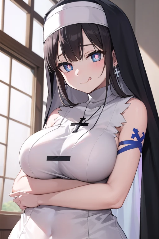 danmachi Hestia,  Hestia, ((empty eyes)) , ((((cross-shaped_pupils)))), ((corruption)), dark persona, possessed ,((nun)), double helix ,pubic tattoo, ,(black hair),alternate eye color,evil smile, alter servant,tattoo,Dark aura ,transformation ,ribbed,glowing , blue eyes, (( twin tails)),(Oversized breasts), choker ,,tongue out,earrings,vulgarity,slut,skindantation,((netorare)), cheating relationship,hug