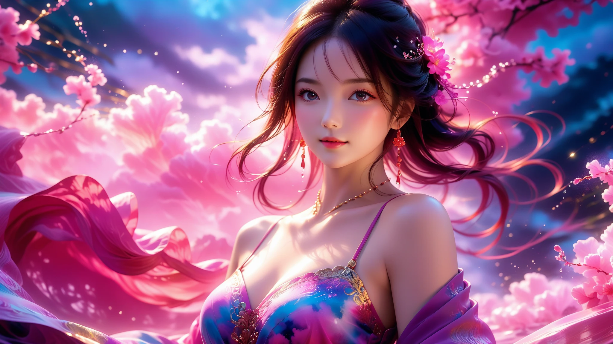 (Masterpiece, Top Quality, Best Quality, Extreme Detail, Supreme Detail, Official Art, Beauty and Aesthetics: 1.2), Colorful, Denim Shot, Upper Body Shot, Beautiful Face, Solo, Perfect Body, On Sky Clouds, Flying in the Sky, Portrait of a Girl, Silver Gradient Hair, (Black Hair| Pink hair: 1.2), fairy, flowing streamers, sexy, sun rays, clouds, full body, hanfu, chinese clothes, water, fireflies, night, starry sky, jewelry, feathers on dresses, peacock feathers, light particles, volumetric lighting, ray tracing (flowing streamers: 1.1), (fantasy novels: 1.2), illuminators, stars, fantasy, high contrast, ink strokes, overexposure, purple and red tone impressions, abstract, (watercolor paintings by John Berkey and Jeremiman)) brush strokes,