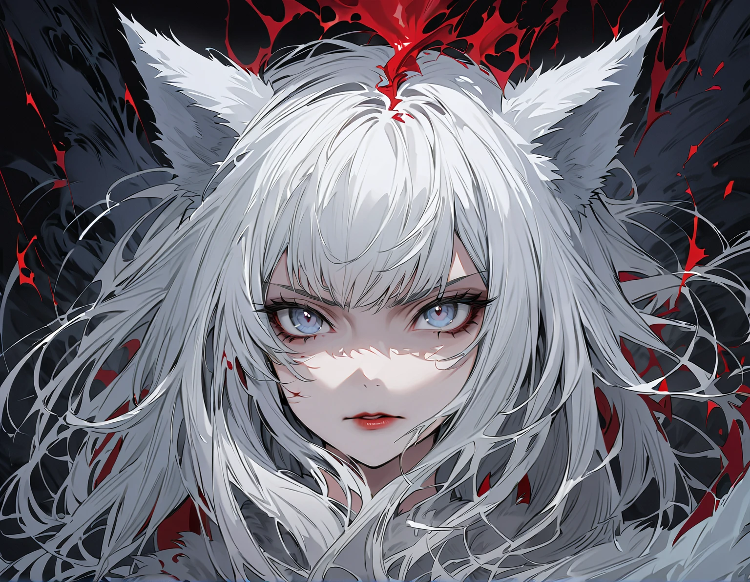a pregirl，White hair，hair messy，Wolf ears，red color eyes，Outfit in black，Blood on the face，Sideways in a daze。
