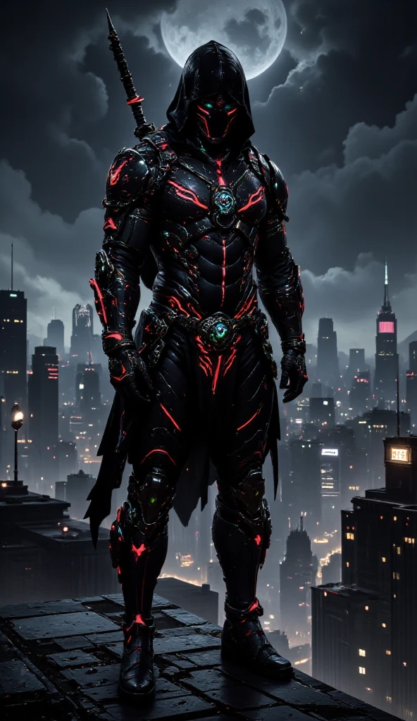 A black leather full-body image 、and a hood, Close-up of a hooded person in invisible armor . wears leather armor, Tights.epic ninja suit, Rogue.Leather fit to cover the whole body. smooth leather .Boy Teenage Assassin , stealth suit , Cyberpunk assassin , stands on the roof of a skyscraper.Handheld composite mechanical giant bow . black night . Dark atmosphere .Low light.Weak lights cast dramatic shadows. Weird cyberpunk atmosphere . cyberpunk city.Futuristic tech style
