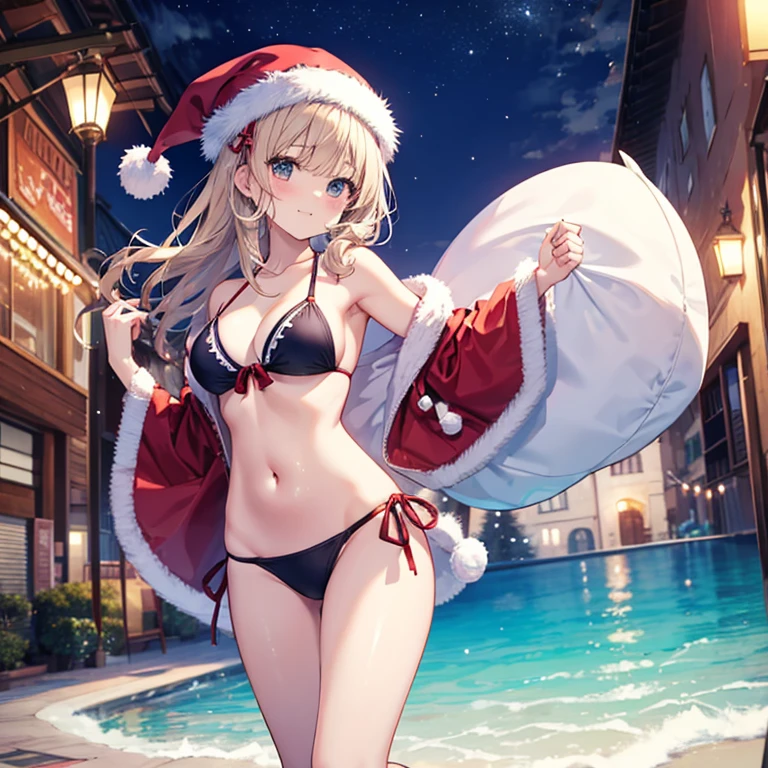 Got it。Generate an image with a prompt like below。

high-level image quality、8k,4k,「Depicts a cute girl in a Christmas-themed cosplay on the beach。She is wearing a Santa Claus style red and white swimsuit.、He also wears a small Santa hat.。She is bright、He looks like he&#39;s having fun、Some Christmas decorations are scattered on the sandy beach。In the background is a clear blue sky and the sea.。」