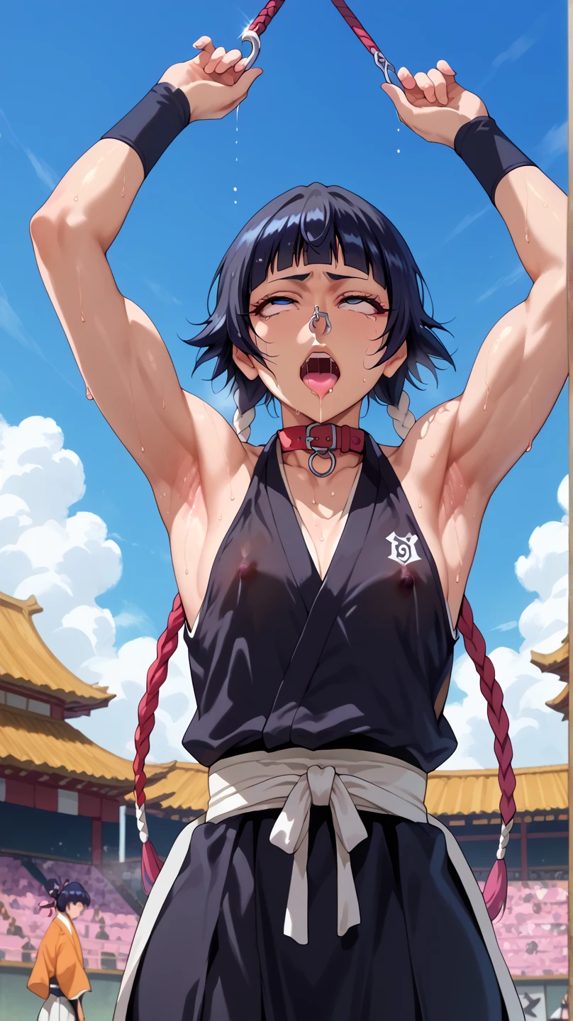 a picture, inspired by Kentaro Miura, trending on pixiv, soifon from bleach, black uniform, favorite scene, fine details, skins, sweating, small breasts, both hands raised, armpits, (small head),armpits visible, dripping with sweat, more more sweat, ((Japanese clothes)),open mouth,rolling eyes,muscle,kneel down,open legs,For the audience, (muscle:1.2),Looking at the audience, tired, (small breasts),sexy body,perfect body,(drooling), tears, head wet, runny nose, black hair, Nipple exposure，dog collar,transparent nose hook.