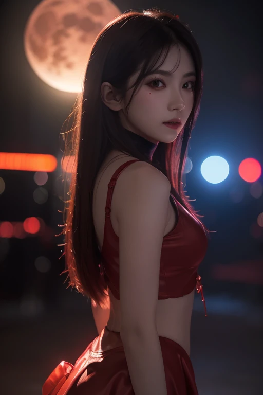 Detailed photo of Yor Forger, Genuine, masterpiece, Highest quality, Slim body line, Cute face, Black strapless dress, Tight Skirt, Future City, Night Sky, smooth and creamy skin, Red eyes, chest, Long black hair tied with a hairband, Are standing, Put your hands behind your head, 8K, Beautiful gradation, Depth of written boundary