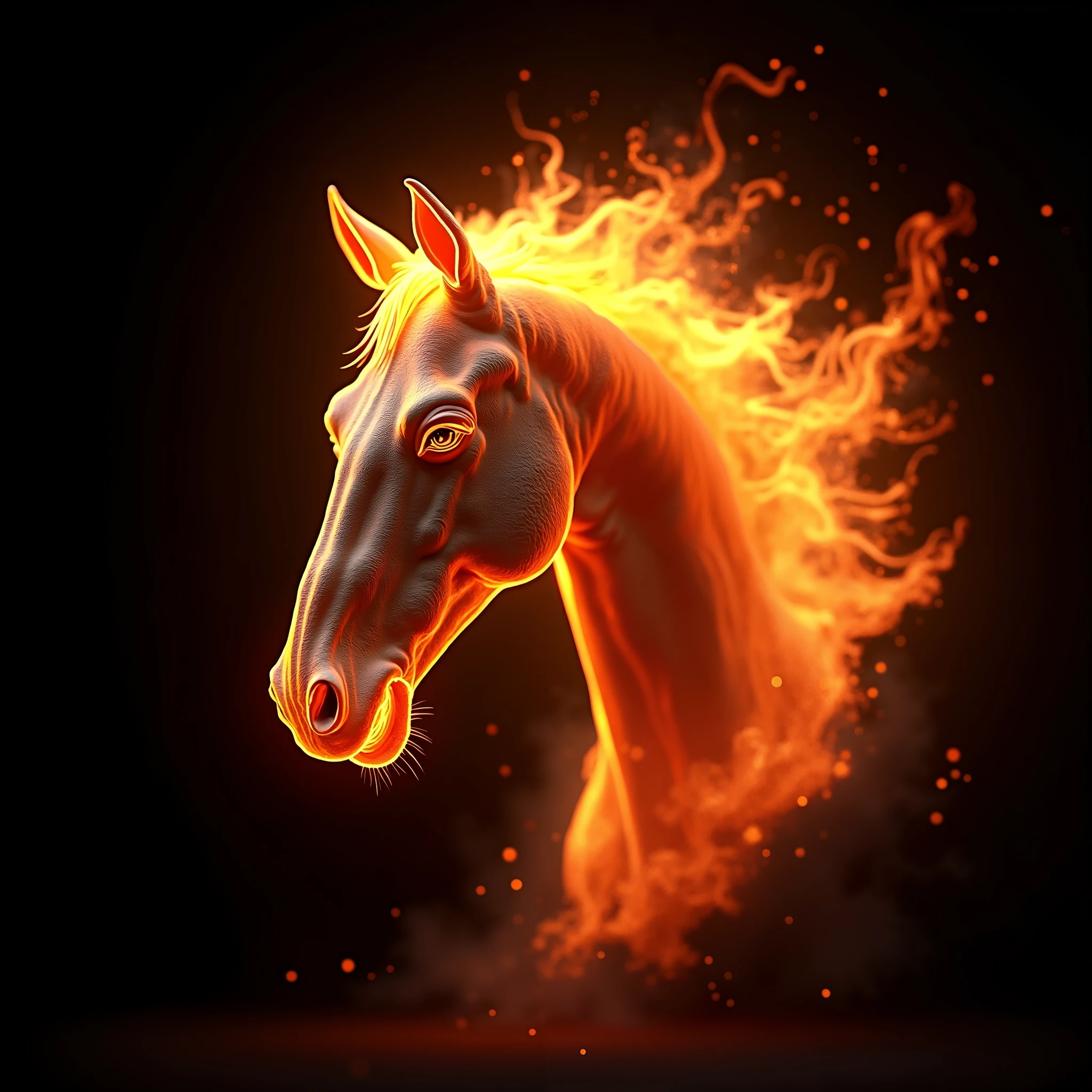 horse face designed from bright fire flame black background 