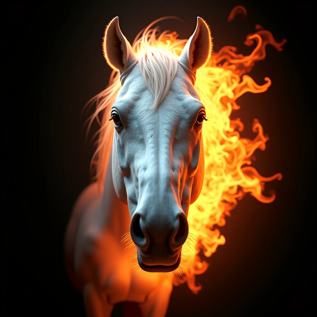 white horse face designed from bright fire flame black background 