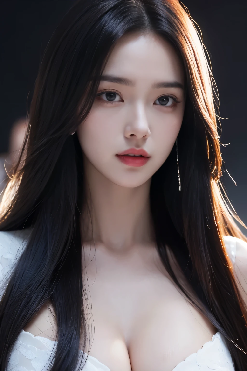 (Hyper-realistic), (illustration), (Increase the resolution), (8K), (extremely detailed), (Most Best Illustration), (beautiful detailed eyes), (best quality), (ultra-detailed), (masterpiece), (the wallpaper), (detailed face), Upper body photo, 1 Giant Breast Girl, 1 hand grasps the chest, looking at viewer, exquisite detailing, detailed face, cropped shoulders, in the darkness night, deep shading, low tune, pureerosface_V1, smile, long white hair, Black shawl straight hair, 46 points oblique bangs