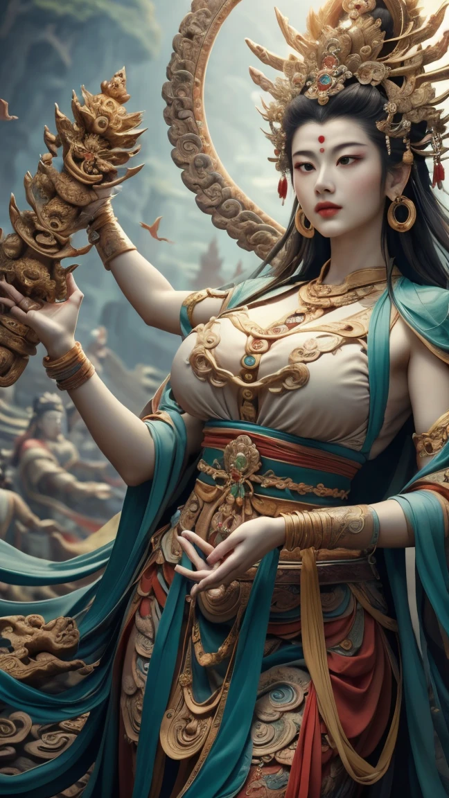 masterpiece,Best quality at best,UHD,8k wallpaper,actual,masterious,(realisticlying:1.4),1 Giant Girl,full bodyesbian, Thousand Hands goddess, Guan yin  style, big breast, Multiple hands holding some holly chinese weapons, ancient style, fantastic dunhuang outfits, olot of jewelry detail, holly lighting ,, beautiful face with compassion 