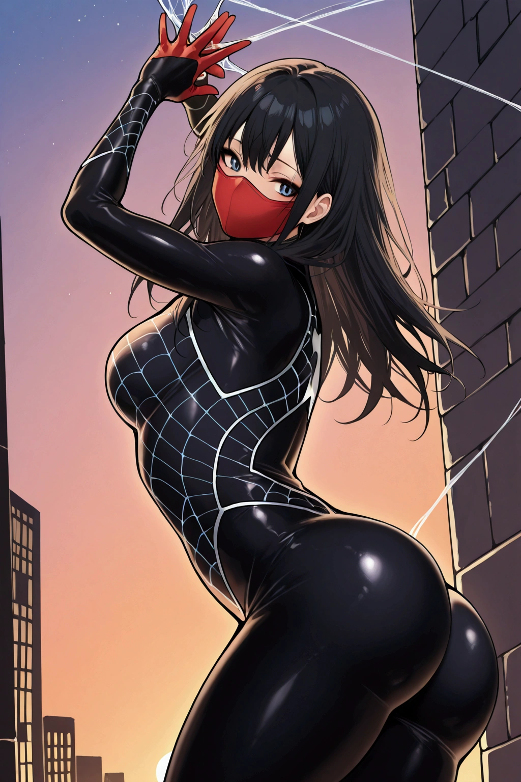 Alone,girl, silk from marvel, red mask covers mouth and nose, tight black bodysuit with web pattern, Silk outfit long black hair,medium breasts,  perfect round and firm butt , swinging between buildings , Evening, new york,  cobweb from hands ,athletics,furtive look ,  focus on her butt , flat stomach, beautiful thighs,perfect scene ,  Masterpiece, score 9, anime colors, sideways, AMERICAN SHOT, beautiful, composition, HARMONY, high quality, ,beautiful,  feminine around ass .