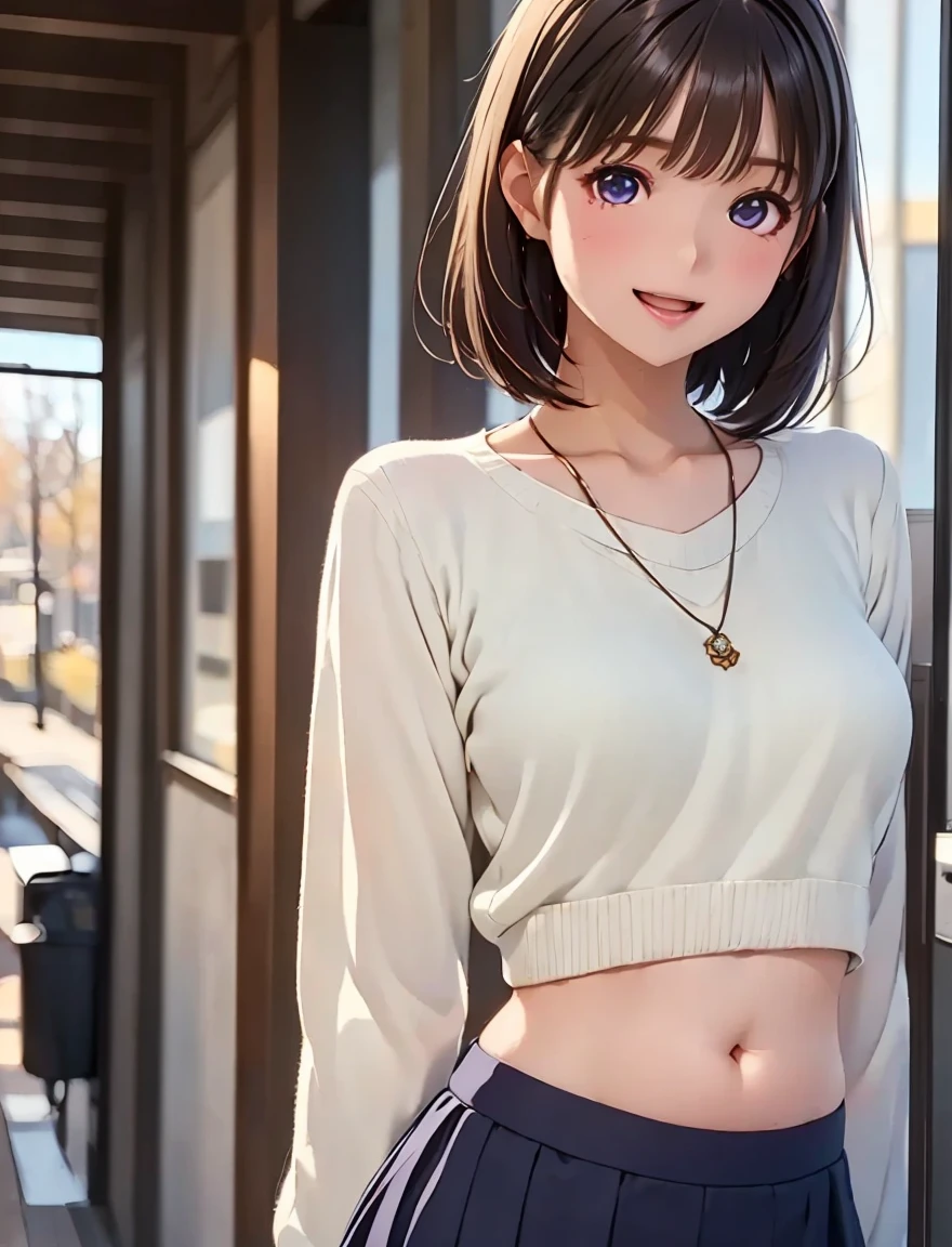    High Definition  ,In 8K, best quality, Details, semi-realistic anime , D Anime Style , Smooth Anime CG , One Girl , 19-year-old Japanese woman, slim,modeling,((輝く瞳)),(( Belly Shorthair)),((( short bob))),(Maroon Glowing Hair ), pink lips, Shiny brown hair, Detailsな顔,Beautiful and  Details,(( Deep Blue-Purple Sparkling Eyes )),( open your mouth ),(Laughter),((Amsterdam along the canal )),((dark brown top )),( dark brown long sleeve knit ), (( white and light blue skirt to the knee )), sunlight shining through a tall glass window,((vapor)),(( and turn around)),(Take a pose),(( backlit hair ))