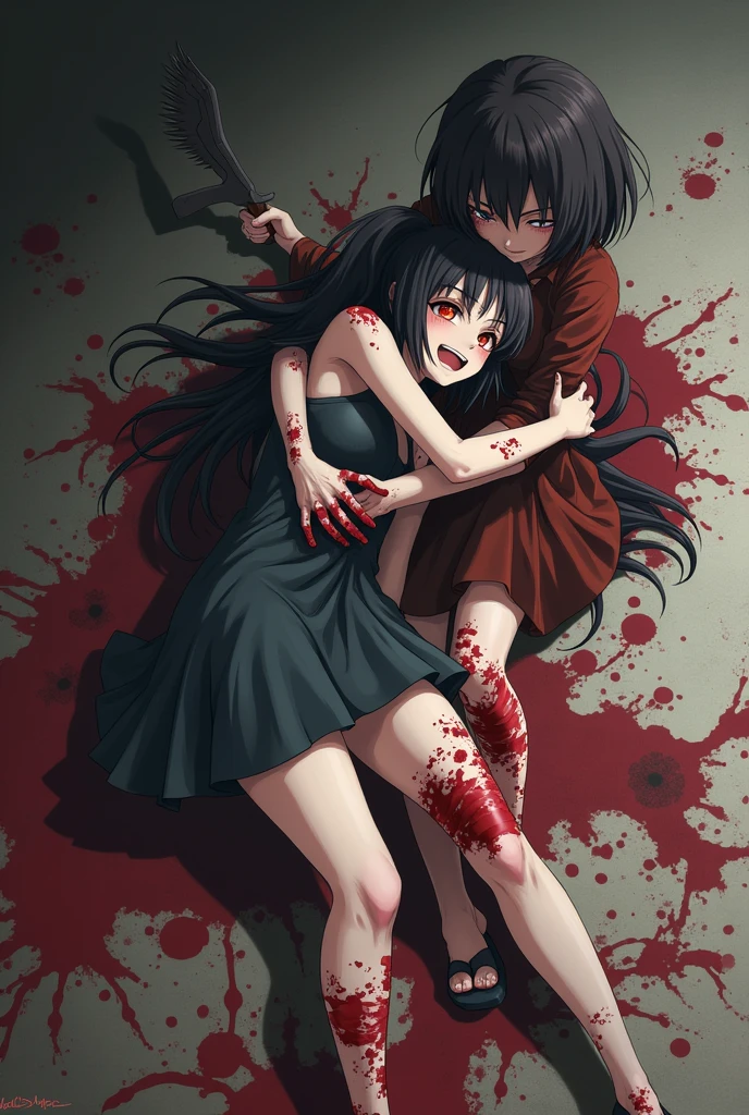 A woman, without an emotional face, with very short orange hair gathered in a small ponytail and green eyes, in a gray T-shirt and gray pants, holding an unconscious woman in her arms, blue eyes, with black long hair in a white T-shirt and a blue long skirt, clothes in blood, face in blood, clothes in places torn, wounds on the body, a lot of blood, everything is covered in blood, anime art, masterpiece, realistic, professional quality, over-detail