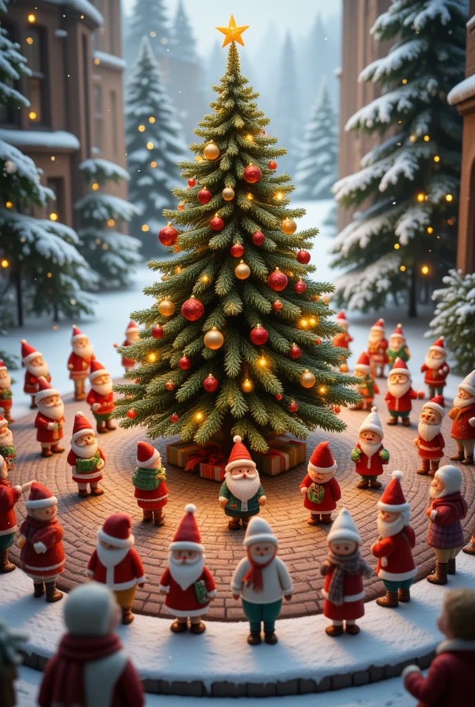 A Christmas tree decorated with colorful lights and other colorful ornaments, with small Santas and elves standing in a circle at equal intervals around it, and a circular pedestal made of bricks, This is a cute, dream-like illustration art, ultra detailed, absolutely resolution, masterpiece