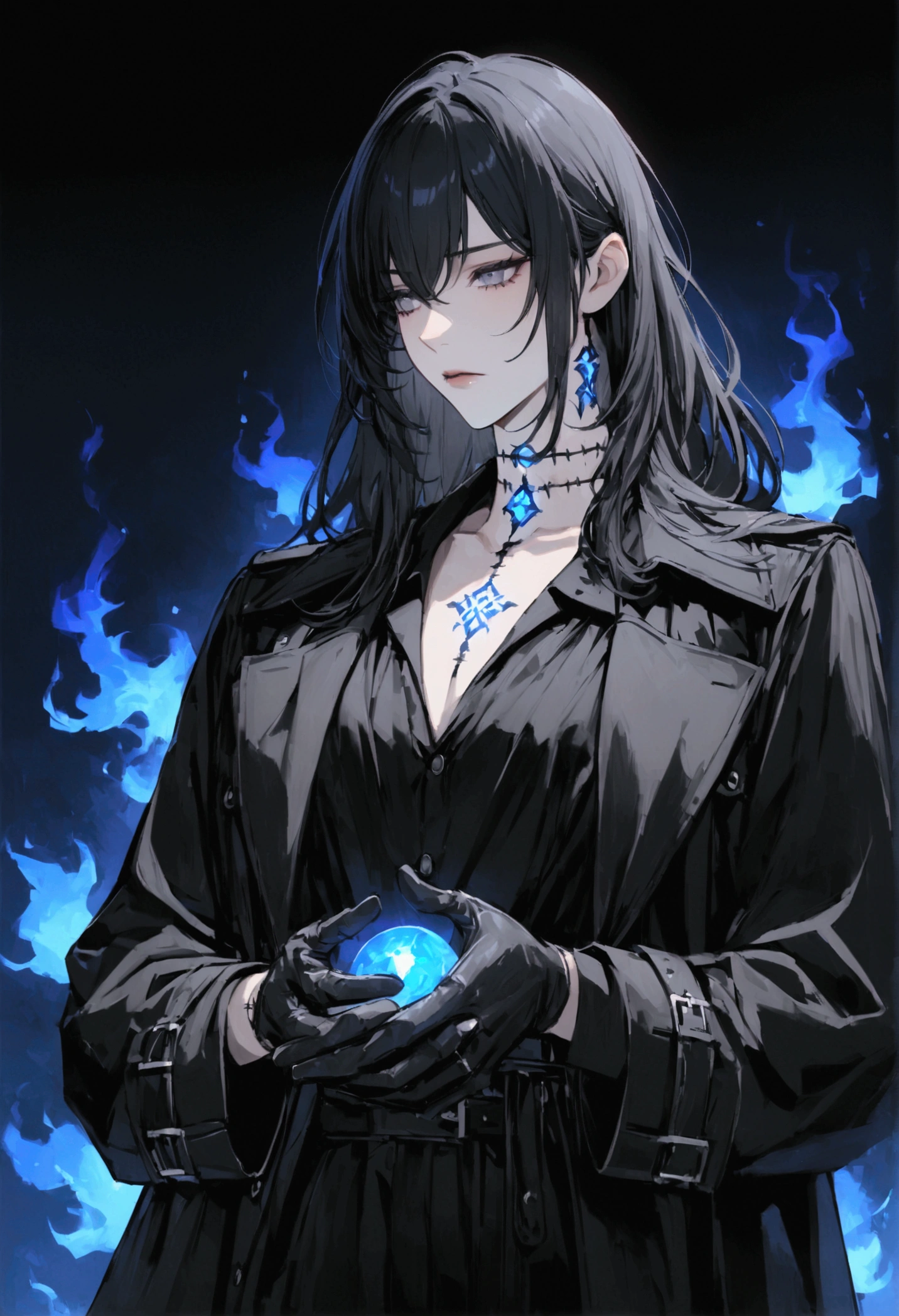 Male. Femboy. 4k. 8k. Best quality. Black long hair. Grey eyes. Wearing an open black trench coat, with gloves on his hands and a dark blouse under the coat. Runic symbols on the glove. Dullahan, has stitches on his neck. Background is night time. Blue flames detail