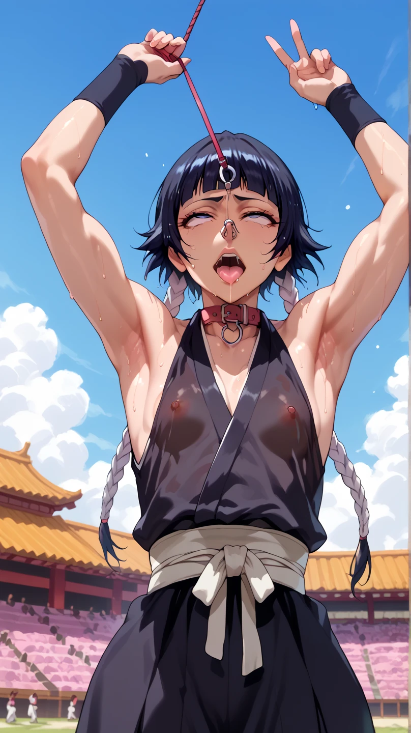 a picture, inspired by Kentaro Miura, trending on pixiv, soifon from bleach, black uniform, favorite scene, fine details, skins, sweating, small breasts, both hands raised, armpits, (small head),armpits visible, dripping with sweat, more more sweat, ((Japanese clothes)),open mouth,rolling eyes,muscle,kneel down,open legs,For the audience, (muscle:1.2),Looking at the audience, tired, (small breasts),sexy body,perfect body,(drooling), tears, head wet, runny nose, black hair, Nipple exposure，dog collar,transparent nose hook.