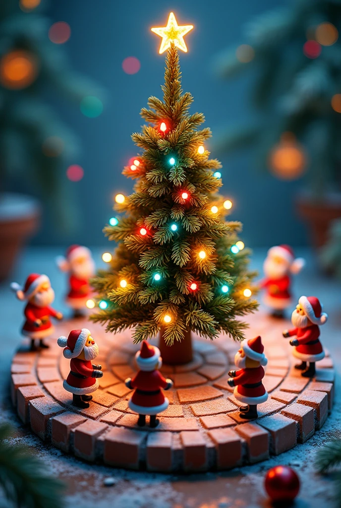 A Christmas tree decorated with colorful lights and other colorful ornaments, with small Santas and elves standing in a circle at equal intervals around it, and a circular pedestal made of bricks, This is a cute, dream-like illustration art, ultra detailed, absolutely resolution, masterpiece