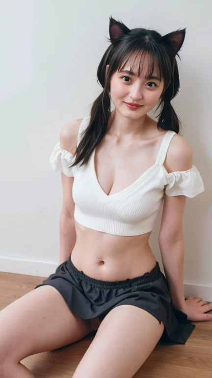 high school student,(Flat Chest:1.3),Panties,Braid,White skin,Thin arms,Anorexic super-skinny model body type,Childish,Black Hair,Spreading her legs,belly button,Watching the audience,smile