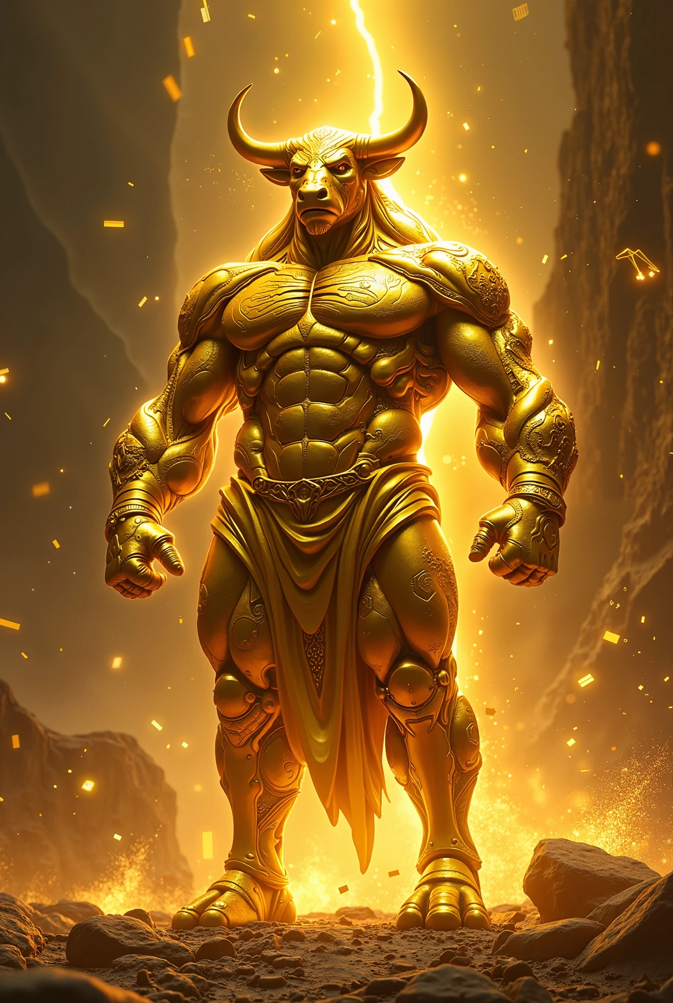 (best quality,realistic:1.37),Taurus the zodiac sign as a powerful god,illustration,ultra-detailed,beaming with strength,majestic bull,powerful muscles,fiery eyes,gleaming horns,shimmering gold armor,mighty stance,divine aura,grandeur and authority,vivid colors,sharp focus,mythological style,soft golden light