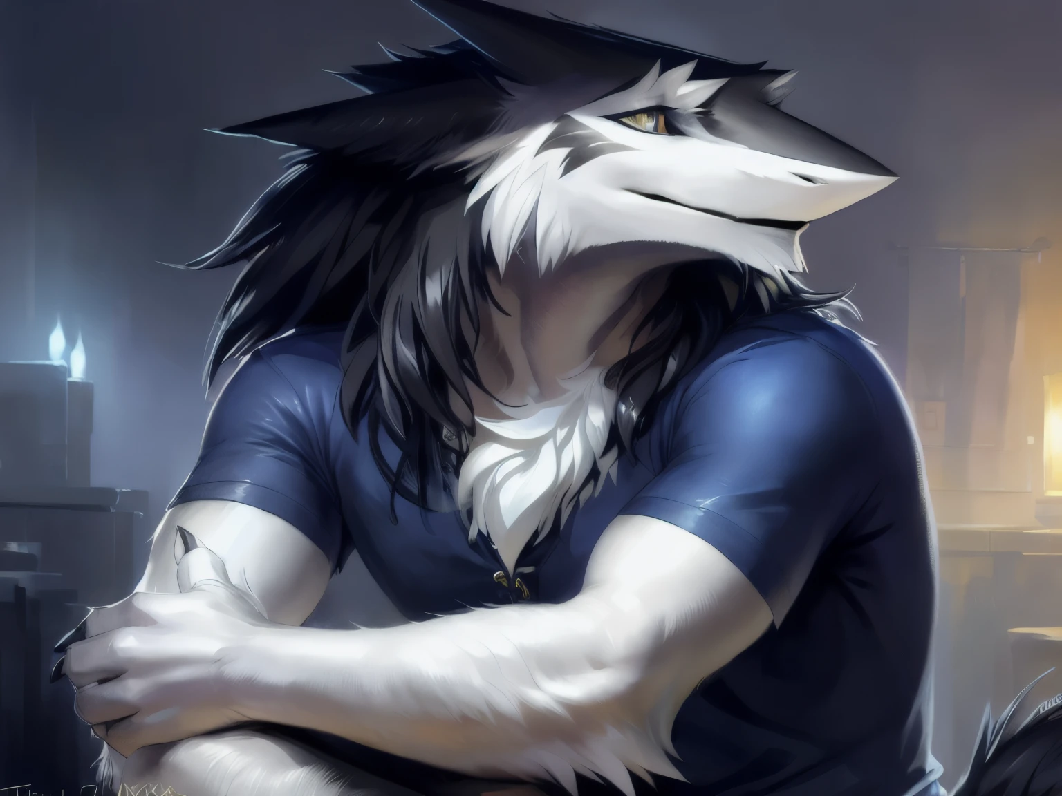 ((masterpiece, best quality):1.0), anthro (male sergal:1.2), blue shirt, close-up, claws, black:white fur, chest tuft, clothed, simple background, digital sketch, vibrant, gloomy, dynamic light, ((by pino daeni, greg rutkowski, thomas kinkade):1.0), 