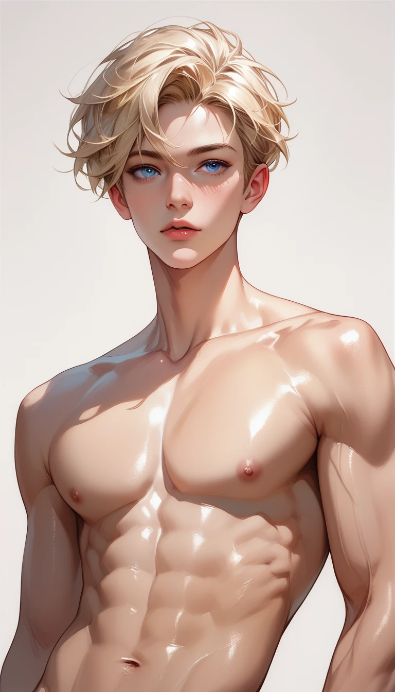  The blond boy,   high quality  ,  american 20 years old /That guy ,   fine eyes  ,  Blue Eyes ,Short blonde hair, abdomen,  naked,  Shiny skin ,  clear tits  ,  Look at the audience,   upper half ,   blonde hair , white background 