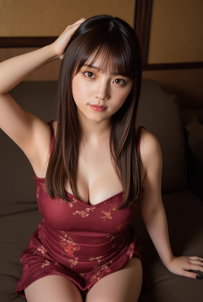 (((top-down configuration:1.4))), (best quality:1.4), (ultra highres:1.2), (photorealistic:1.4), (16k, RAW photo:1.2), (portrait shot:1.3), professional lighting, Japanese goddess, gravure, detailed face and skin texture, detailed eyes, looking at camera, nsfw, beautiful eyes, detailed eyes, beautiful face, detailed face, ((shy:1.3)), (highest quality), glowing skin, (smooth lighting:1.2), (cinema lighting:1.2), (brown long hair), (bangs:1.4), (((China dress:1.2)), ((cheongsam:1.5)), (wine red dress), (brocade dress:1.3), sleeveless, (((emphasize cleavage:1.5))), (((cleavage cutout:1.8))), (((clothing cutout))), ((tight mini skirt:1.6)), ultra detailed dress, (gold decoration), (bare thighs:1.4), (bare legs:1.2), sitting down, leaning forward, (arms behind head:1.3), (emphasize armpit:1.4), (from slightly side)