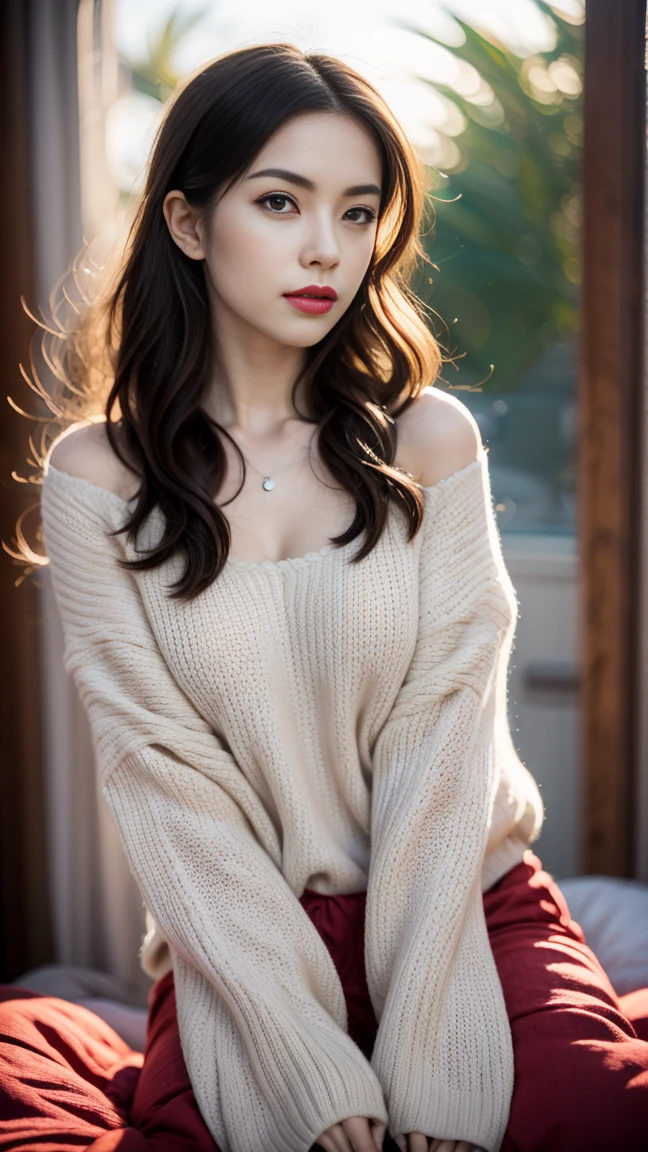 1 young cute iranian girl, very slim, skinny, redhead, rouge, red neck lace choker, cateyes makeup, colorful, oversize knit jumper, softcore, warm lighting, cosy atmosphere, Instagram style, red theme, upper body shot,(cinematic, black and red:0.85), (sunset beautiful background:1.3), sharp, dim colors

