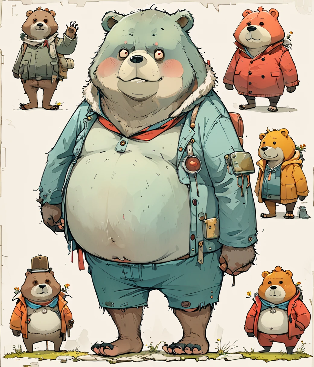 style of Mattias Adolfsson, (cute, fat, obese, anthro, male, bear), solo, full body, fur, ((cyan underwear)), mountain, dynamic pose, hires textures, highly detailed, intricate details, best quality, masterpiece