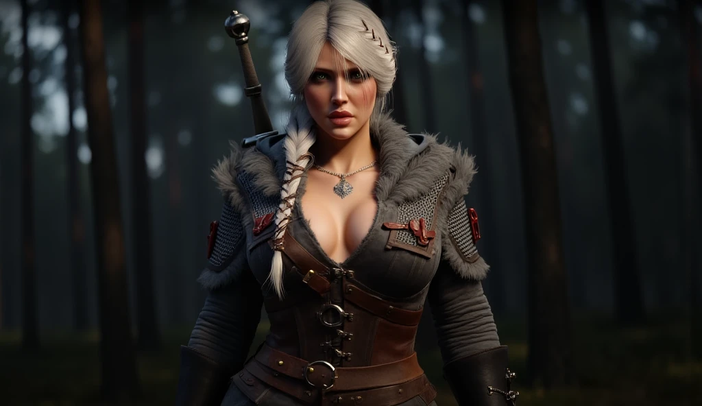 (ultra realistic) (8k quality) (Female Witcher) (Long platinum hair) (MILF) (A very beautiful face) (Cleavage) (Bimbo) (Night) (Bimbo lips) (Blue eyes) (at full height) (sexy pose) (high heels) (big boobs) (sexual facial expression) (witcher cat eyes) (black Armor) (Two witcher swords on his back) (horror wood in backgraund) (Close-up)