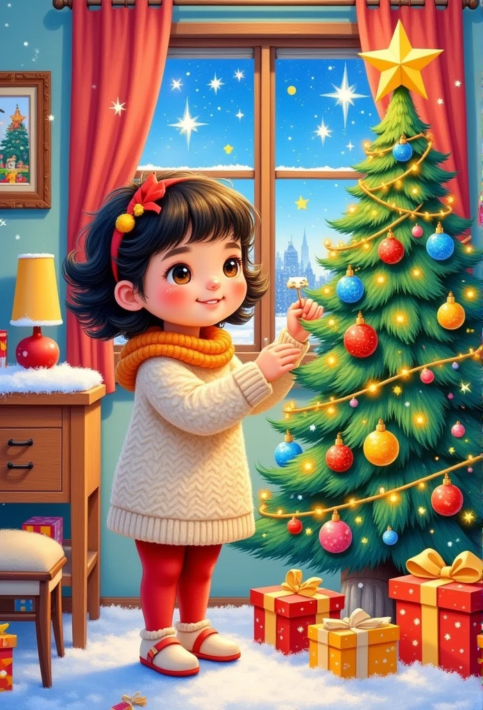 a painting of a girl is decorating a christmas tree, a storybook illustration by Ni Duan, behance contest winner, naive art, colorful kids book illustration, children book illustration, illutstration, jen bartel, children's book illustration, children’s book illustration, full color illustration, christmas tree, children's illustration, illustration!, #illustration, childrens book illustration