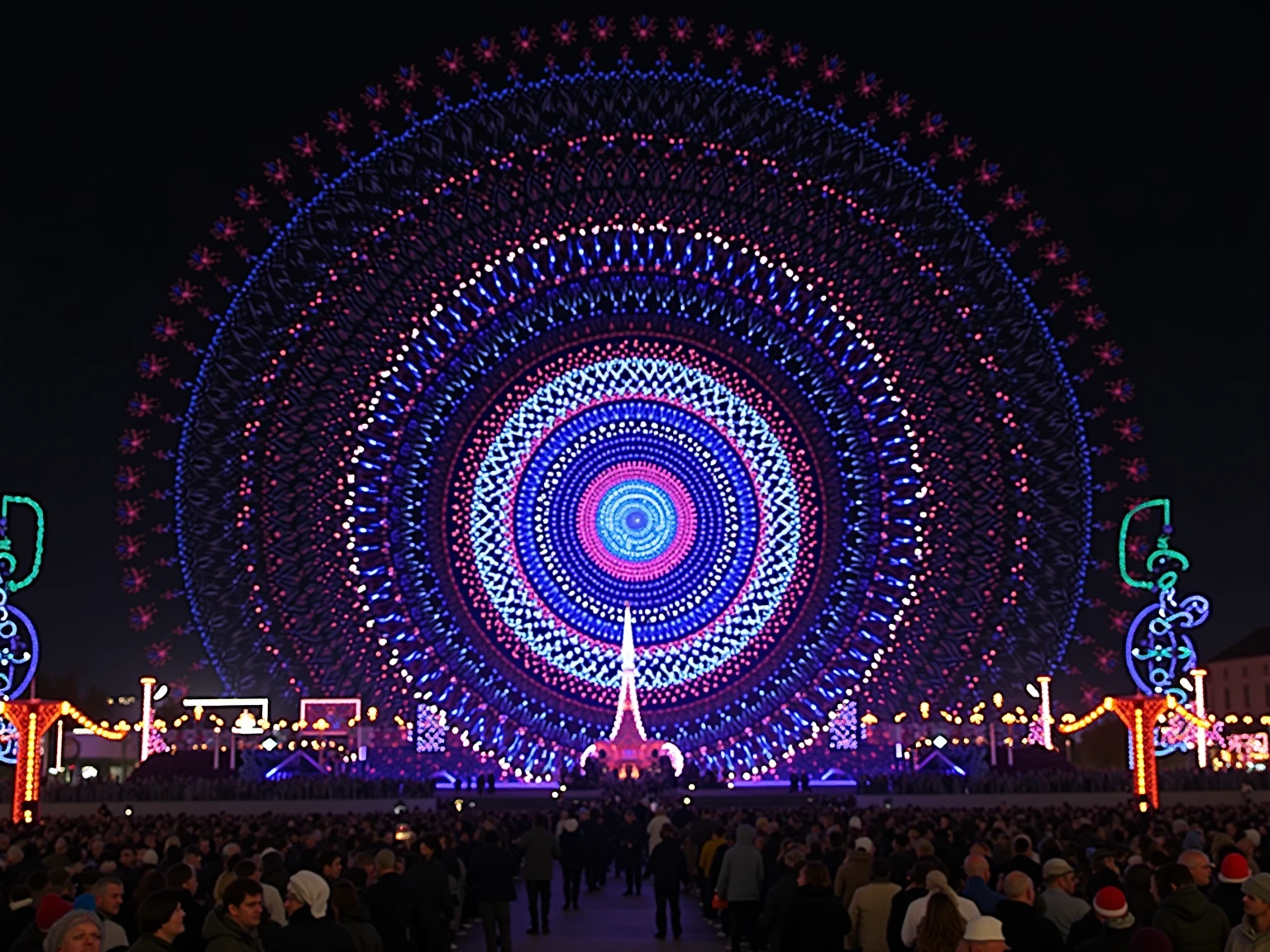 A breathtaking Christmas light festival featuring a dazzling vortex of laser lights, synchronized drone light displays, and a spectacular Christmas Eve show at midnight. The scene captures the magic of the holidays with vibrant colors, intricate light patterns, and festive decorations illuminating the night sky.