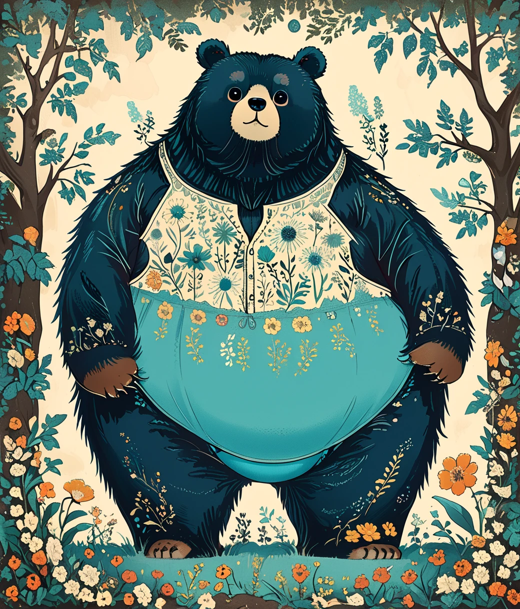 style of Rob Ryan, (cute, fat, obese, anthro, male, bear), solo, full body, fur, ((cyan underwear)), mountain, dynamic pose, hires textures, highly detailed, intricate details, best quality, masterpiece