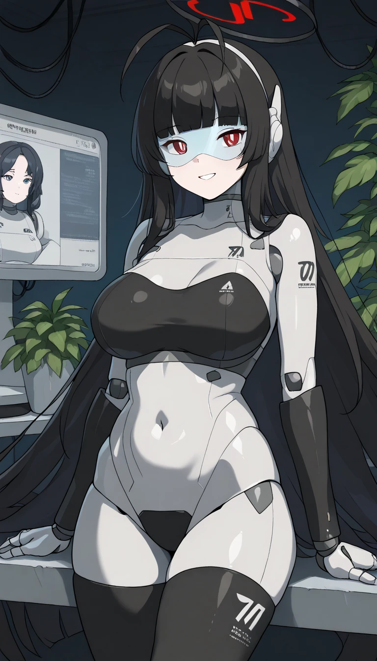 masterpiece, best quality, extremely detailed, (8K, 4K, Best Quality, hight resolution, 超A high resolution:1.1), ,8k portrait, Japaese android Girl,Plump , dark black leg cover,announcer,control panels,android,Droid,Mechanical Hand, Robot arms and legs, Black Robot Parts,Black long hair,Mechanical body,Blunt bangs,perfect mechanical abdomen,White robotics parts,perfect robot woman,future laboratory,cyber pank,charging spot,laboratory,long tube,thick cable connected her neck,white ceramic body ,perfect mechanical body, white robot body,lod antenna,mechanical ear cover,android,robot humanoid,black sponge joints,The removable cover is in the groin,The connection port is in the groin,opened chest panel,access panel on the chest,opened breast panel,perfect mechanical breast,perfect black machine body,perfect black android body,She has repaired,assembly plant,dark black tights,dark black leggings,smile,no human skin,visor,mistyrobot,rio(blue archive)