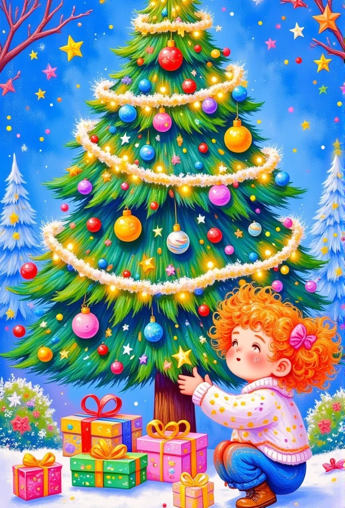 a painting of a girl is decorating a christmas tree, a storybook illustration by Ni Duan, behance contest winner, naive art, colorful kids book illustration, children book illustration, illutstration, jen bartel, children's book illustration, children’s book illustration, full color illustration, christmas tree, children's illustration, illustration!, #illustration, childrens book illustration