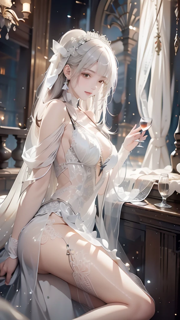 precise,  high detail ,  Very Detailed , night， on the balcony of the European palace bed，Women, Bangs, long white hair, Smile, wearing a European white lingerie dress ， Textured Skin ,  leaning against the balcony ，Handmade wine glass ， looking at people 