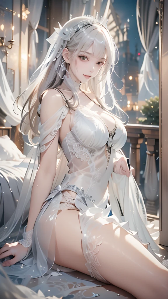 precise,  high detail ,  Very Detailed , night， on the balcony of the European palace bed，Women, Bangs, long white hair, Smile, wearing a European white lingerie dress ， Textured Skin ,  leaning against the balcony ，Handmade wine glass ， looking at people 