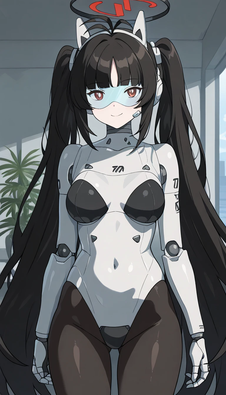 masterpiece, best quality, extremely detailed, (8K, 4K, Best Quality, hight resolution, 超A high resolution:1.1), ,8k portrait, Japaese android Girl,Plump , dark black leg cover,announcer,control panels,android,Droid,Mechanical Hand, Robot arms and legs, Black Robot Parts,Black long hair,Mechanical body,Blunt bangs,perfect mechanical abdomen,White robotics parts,perfect robot woman,future laboratory,cyber pank,charging spot,laboratory,long tube,thick cable connected her neck,white ceramic body ,perfect mechanical body, white robot body,lod antenna,mechanical ear cover,android,robot humanoid,black sponge joints,The removable cover is in the groin,The connection port is in the groin,opened chest panel,access panel on the chest,opened breast panel,perfect mechanical breast,perfect black machine body,perfect black android body,She has repaired,assembly plant,dark black tights,dark black leggings,smile,no human skin,visor,mistyrobot,rio(blue archive)