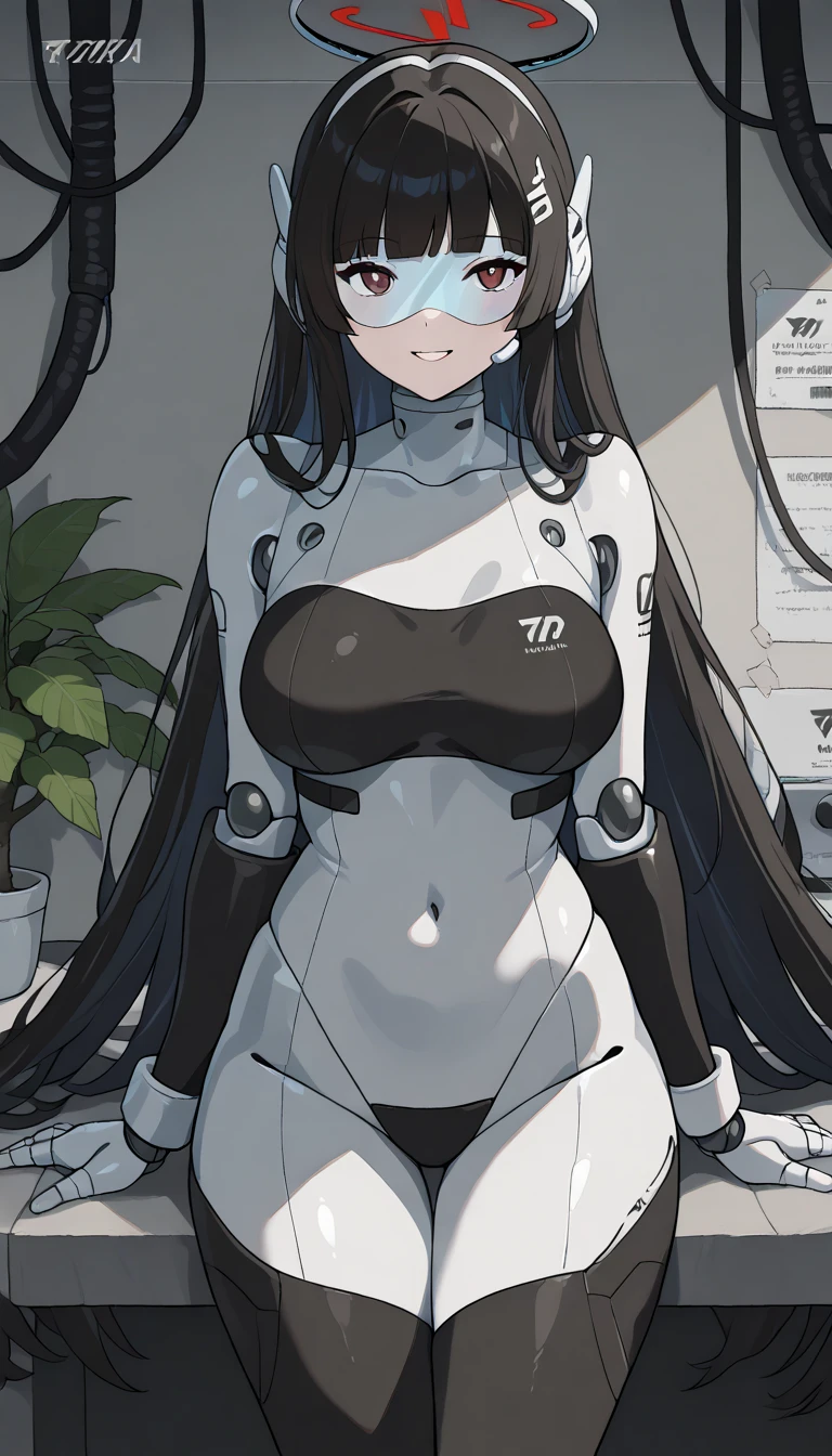 masterpiece, best quality, extremely detailed, (8K, 4K, Best Quality, hight resolution, 超A high resolution:1.1), ,8k portrait, Japaese android Girl,Plump , dark black leg cover,announcer,control panels,android,Droid,Mechanical Hand, Robot arms and legs, Black Robot Parts,Black long hair,Mechanical body,Blunt bangs,perfect mechanical abdomen,White robotics parts,perfect robot woman,future laboratory,cyber pank,charging spot,laboratory,long tube,thick cable connected her neck,white ceramic body ,perfect mechanical body, white robot body,lod antenna,mechanical ear cover,android,robot humanoid,black sponge joints,The removable cover is in the groin,The connection port is in the groin,opened chest panel,access panel on the chest,opened breast panel,perfect mechanical breast,perfect black machine body,perfect black android body,She has repaired,assembly plant,dark black tights,dark black leggings,smile,no human skin,visor,mistyrobot,rio(blue archive)