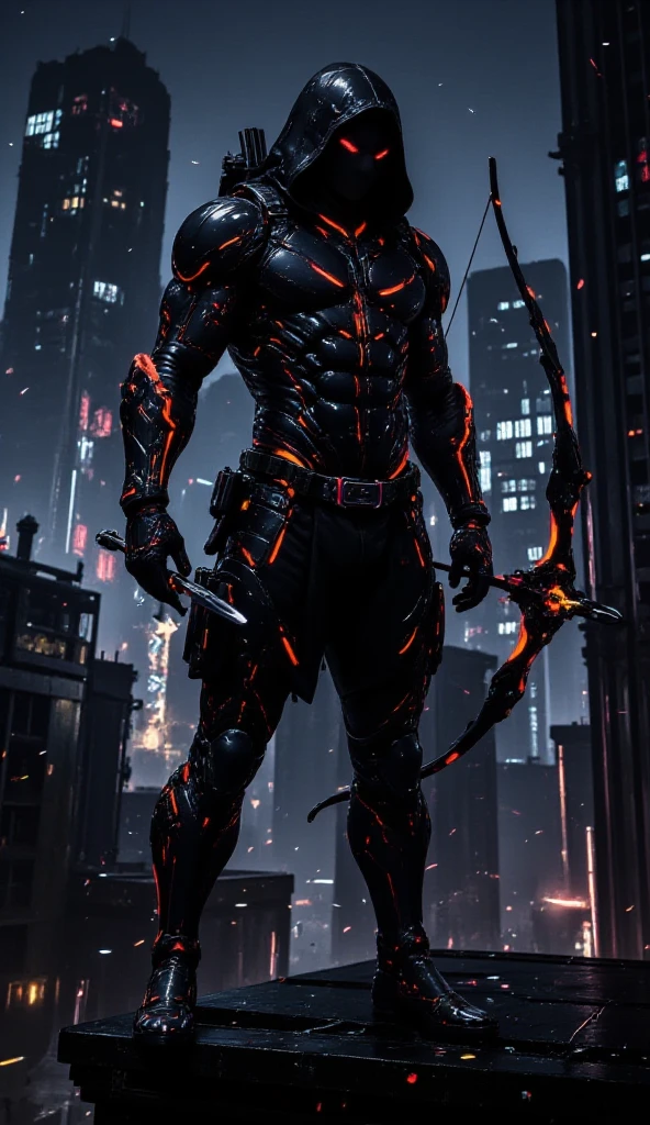 A black leather full-body image 、and a hood, Close-up of a hooded person in invisible armor . wears leather armor, Tights.epic ninja suit, Rogue.Leather fit to cover the whole body. smooth leather .Boy Teenage Assassin , stealth suit , Cyberpunk assassin , stands on the roof of a skyscraper.Handheld composite mechanical giant bow . black night . Dark atmosphere .Low light.Weak lights cast dramatic shadows. Weird cyberpunk atmosphere . cyberpunk city.Futuristic tech style
