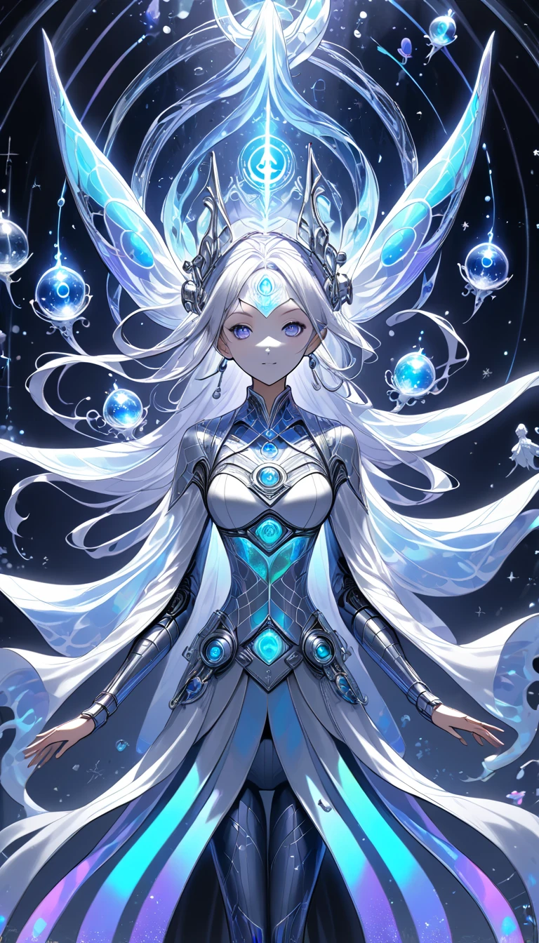 " Aquarius humanoid in an ethereal world ": A futuristic humanoid being ,  half robotic and half holographic ,  floating in a fluid environment of bluish and silver tones .  It shines with lights in violet tones , green and blue,  with soft and elegant features .  His body emits holograms of constellations and futuristic symbols, while around you,  the environment transmits serenity and peace ,  with translucent waves that move slowly .