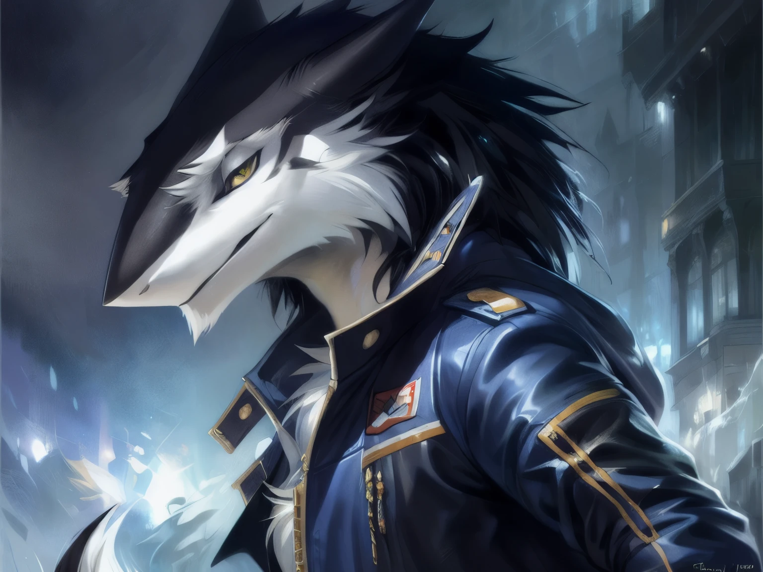 ((masterpiece, best quality):1.0), anthro (male sergal:1.2), blue jacket, close-up, claws, black:white fur, clothed, simple background, digital sketch, vibrant, gloomy, dynamic light, ((by pino daeni, greg rutkowski, thomas kinkade):1.0), 