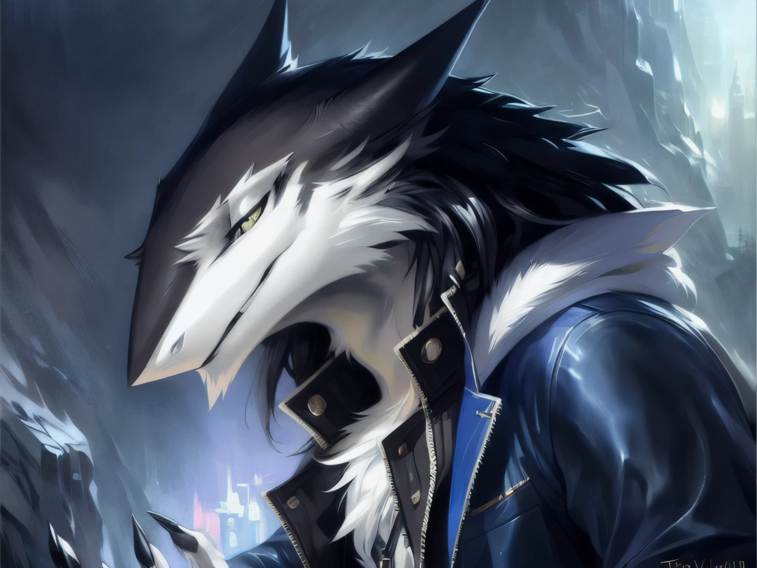 ((masterpiece, best quality):1.0), anthro (male sergal:1.2), blue jacket, close-up, claws, black:white fur, clothed, simple background, digital sketch, vibrant, gloomy, dynamic light, ((by pino daeni, greg rutkowski, thomas kinkade):1.0), 