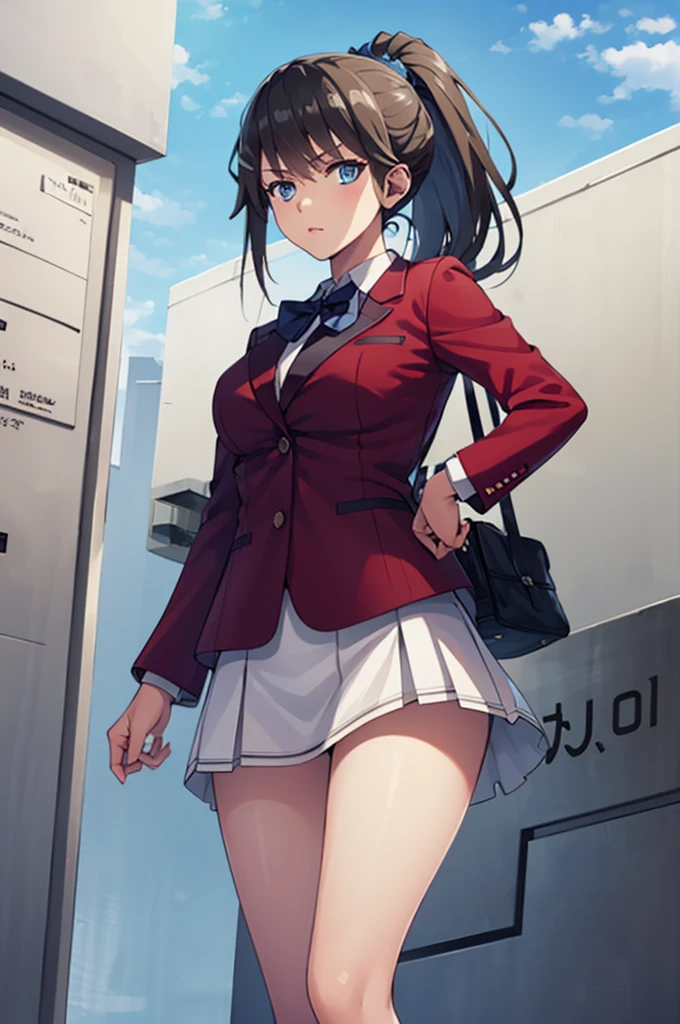 masterpiece, best quality, high resolution, a girl ,solo, ponytail hair, black hair, blue eyes, school uniform, blue bowtie, red blazer, long sleeves, pleated skirt, white skirt,thigh, walking,closed mouth,glossy lips, standing,glossy lips, cowboy shot, from front , school commute