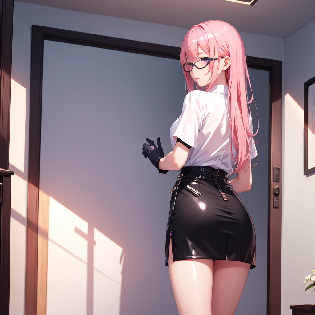 ((best quality)), ((highly detailed)), absurdres, detailed face, beautiful face, (detailed eyes, deep eyes), (1girl), <lora:back_view-v1:.8>, back view, from behind, full body, <lora:hairdetailer:.8>, <lora:xboxchan:1>, xbox-chan, white hair, ponytail, hair ribbon, green eyes, collared shirt, underbust, puffy short sleeves, suspenders, miniskirt, thighhighs, (indoors, in a hall)
