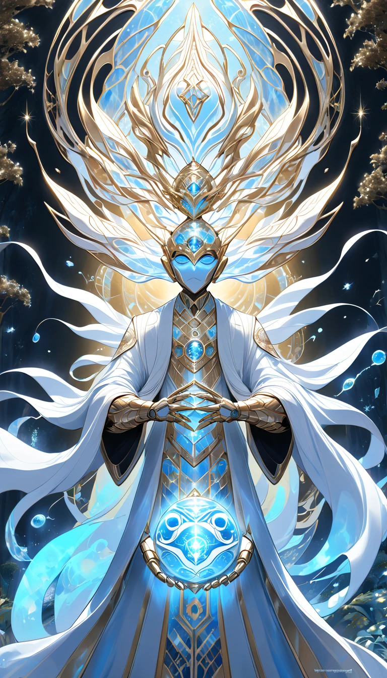 "The Visionary Guardian of Aquarius ":  A brilliant humanoid with a holographic aura in shades of gold and sky blue,  with sophisticated robotic details in white titanium .  His head seems like an orb of twinkling energy ,  and his hands emit rays of soft light .  He is standing in a minimalist and tranquil setting ,  where rivers of liquid light flow between crystalline trees .