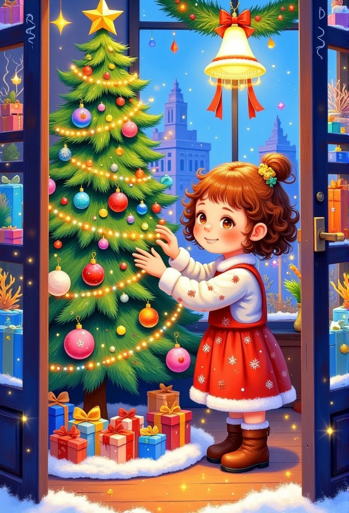 a painting of a girl is decorating a christmas tree, a storybook illustration by Ni Duan, behance contest winner, naive art, colorful kids book illustration, children book illustration, illutstration, jen bartel, children's book illustration, children’s book illustration, full color illustration, christmas tree, children's illustration, illustration!, #illustration, childrens book illustration