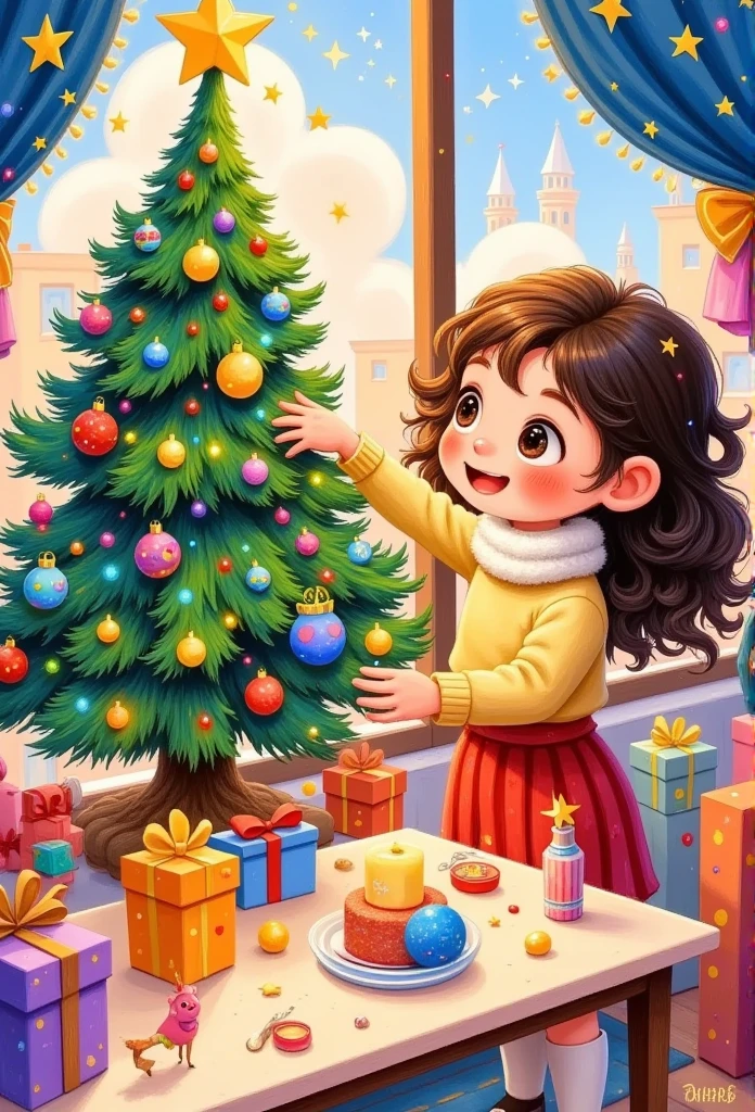 a painting of a girl is decorating a christmas tree, a storybook illustration by Ni Duan, behance contest winner, naive art, colorful kids book illustration, children book illustration, illutstration, jen bartel, children's book illustration, children’s book illustration, full color illustration, christmas tree, children's illustration, illustration!, #illustration, childrens book illustration